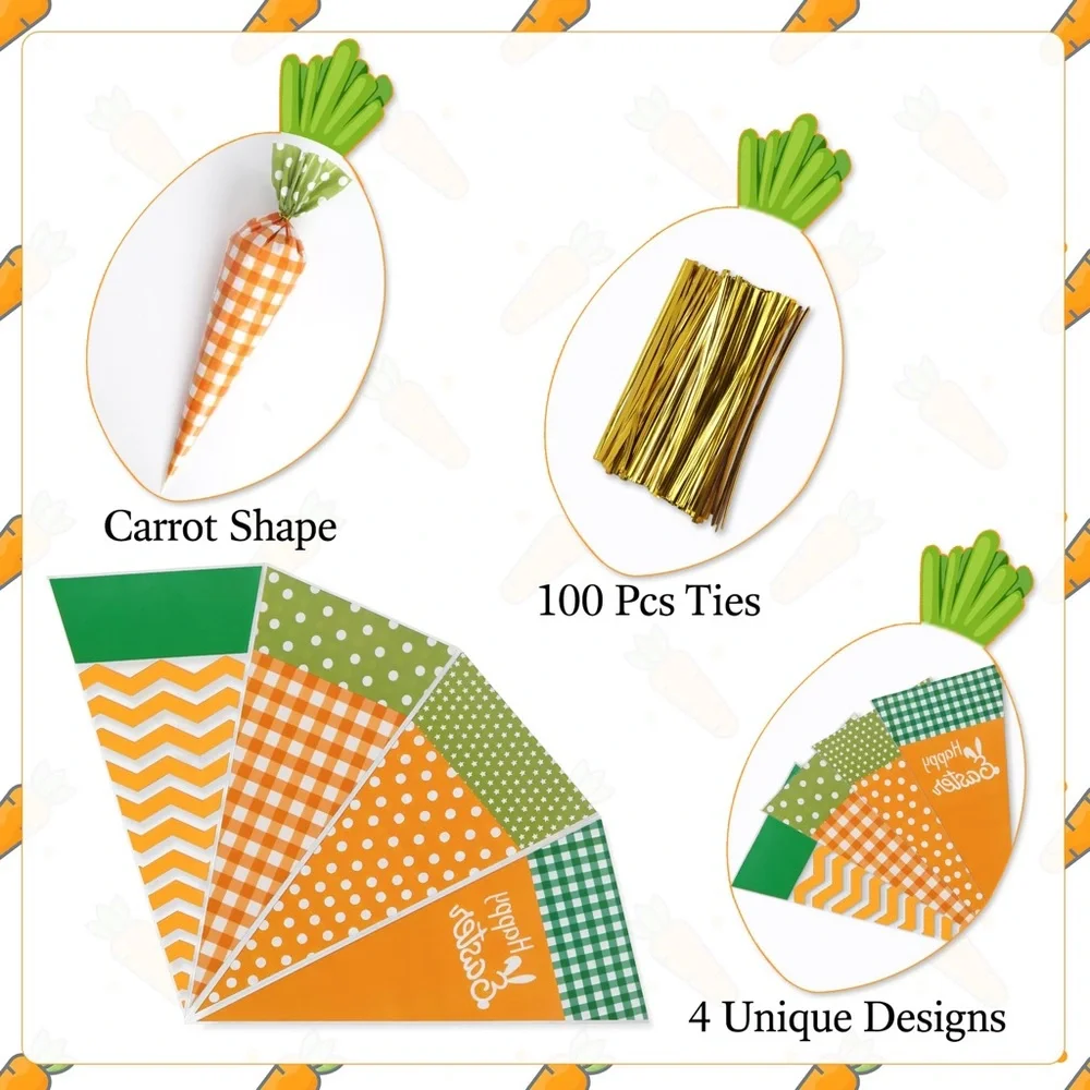 Easter Carrot Cone Party Favor Bags - Orange and Green